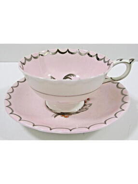 Antique Paragon Abstract Floral Flower Pink Teacup & Saucer White Silver Gilded